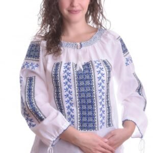 Ie traditionala alba cu motiv geometric albastru Ileana 02