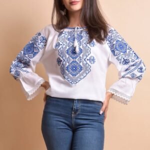 Ie traditionala alba cu motiv geometric albastru Ligia 03