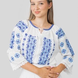 Ie traditionala alba cu motiv geometric albastru Lorelai 01