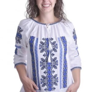 Ie traditionala alba cu motiv geometric albastru Marinela 01