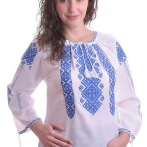 Ie traditionala alba cu motiv geometric albastru Paula 03