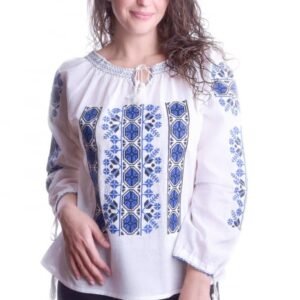 Ie traditionala alba cu motiv geometric albastru Petra 02