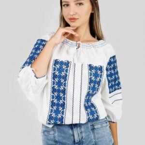Ie traditionala alba cu motiv geometric albastru Silvia 04