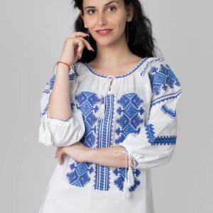 Ie traditionala alba cu motiv geometric albastru Smaranda 06