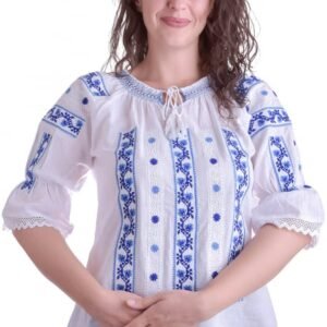 Ie traditionala alba cu motiv geometric albastru Sonia 01