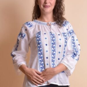 Ie traditionala alba cu motiv geometric albastru Sonia 02