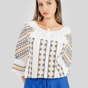 Ie traditionala alba cu motiv geometric auriu Aurora 03