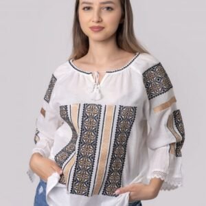 Ie traditionala alba cu motiv geometric auriu Draga 01