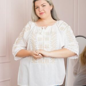 Ie traditionala alba cu motiv geometric auriu Miriam 02