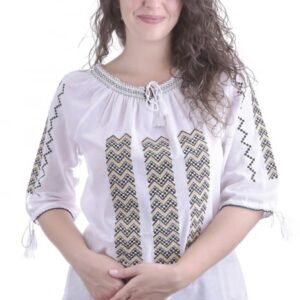 Ie traditionala alba cu motiv geometric auriu Tatiana