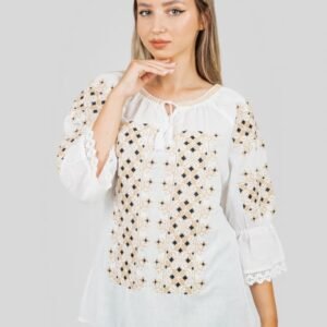 Ie traditionala alba cu motiv geometric crem Aniela 01