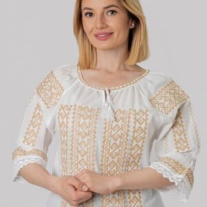 Ie traditionala alba cu motiv geometric crem Samira 01