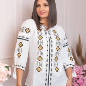 Ie traditionala alba cu motiv geometric galben Iarina