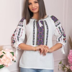 Ie traditionala alba cu motiv geometric mov Edith
