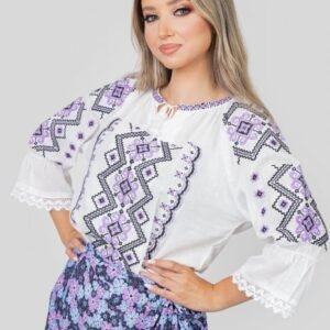 Ie traditionala alba cu motiv geometric mov Erica 01