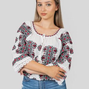 Ie traditionala alba cu motiv geometric multicolor Anne 01
