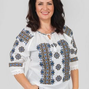Ie traditionala alba cu motiv geometric multicolor Anne 02
