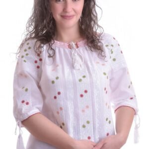 Ie traditionala alba cu motiv geometric multicolor Crina 02