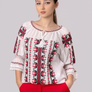 Ie traditionala alba cu motiv geometric multicolor Despina 01