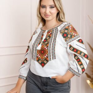 Ie traditionala alba cu motiv geometric multicolor Diana