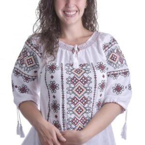 Ie traditionala alba cu motiv geometric multicolor Dorina 03