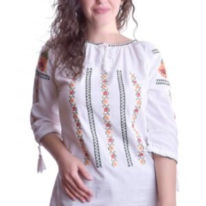Ie traditionala alba cu motiv geometric multicolor Emilia