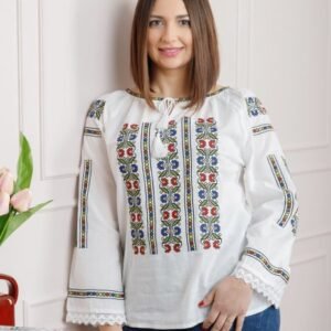 Ie traditionala alba cu motiv geometric multicolor Geanina 01