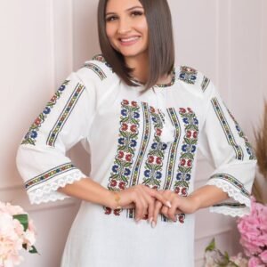 Ie traditionala alba cu motiv geometric multicolor Geanina 02