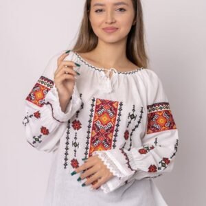 Ie traditionala alba cu motiv geometric multicolor Iosefina