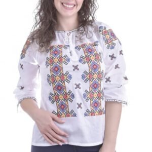 Ie traditionala alba cu motiv geometric multicolor Larisa 01