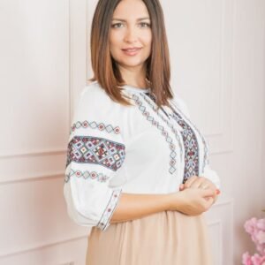 Ie traditionala alba cu motiv geometric multicolor Lucretia