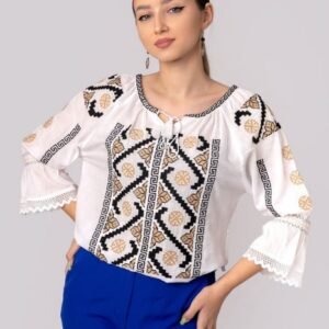 Ie traditionala alba cu motiv geometric multicolor Malvina 02