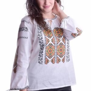 Ie traditionala alba cu motiv geometric multicolor Manuela