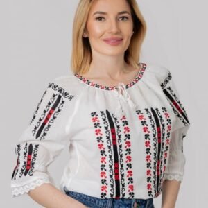Ie traditionala alba cu motiv geometric multicolor Rania