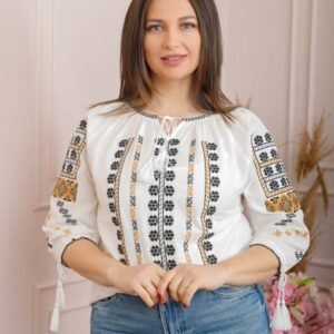 Ie traditionala alba cu motiv geometric multicolor Sandra