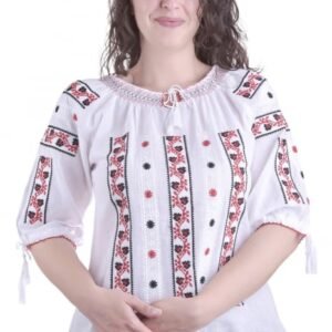 Ie traditionala alba cu motiv geometric multicolor Sonia 03