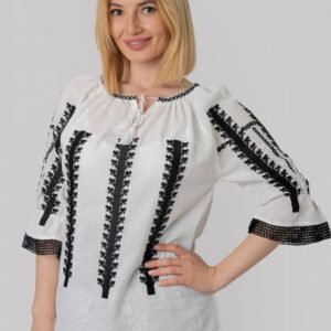 Ie traditionala alba cu motiv geometric negru Anastasia 01 - maneca scurta