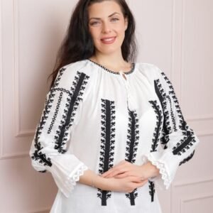 Ie traditionala alba cu motiv geometric negru Anastasia 02 - maneca lunga