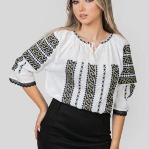 Ie traditionala alba cu motiv geometric negru Andrada 02