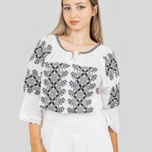 Ie traditionala alba cu motiv geometric negru Aniela 02