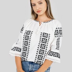 Ie traditionala alba cu motiv geometric negru Antoanela