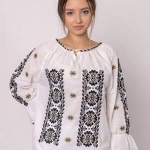 Ie traditionala alba cu motiv geometric negru Cornelia - maneca lunga