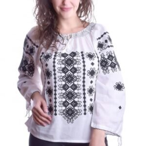 Ie traditionala alba cu motiv geometric negru Dorina 04