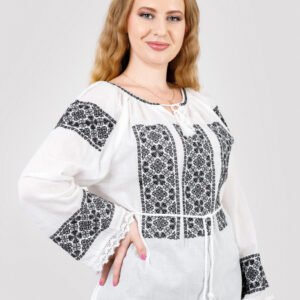Ie traditionala alba cu motiv geometric negru Elisabeta