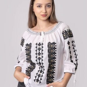 Ie traditionala alba cu motiv geometric negru Gilda