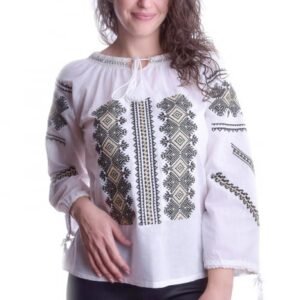 Ie traditionala alba cu motiv geometric negru Smaranda 02