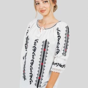 Ie traditionala alba cu motiv geometric negru Viviana 04