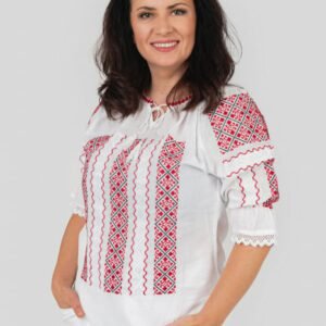 Ie traditionala alba cu motiv geometric rosu Anemona