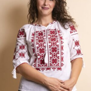 Ie traditionala alba cu motiv geometric rosu Anica 01