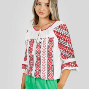 Ie traditionala alba cu motiv geometric rosu Aurora 02